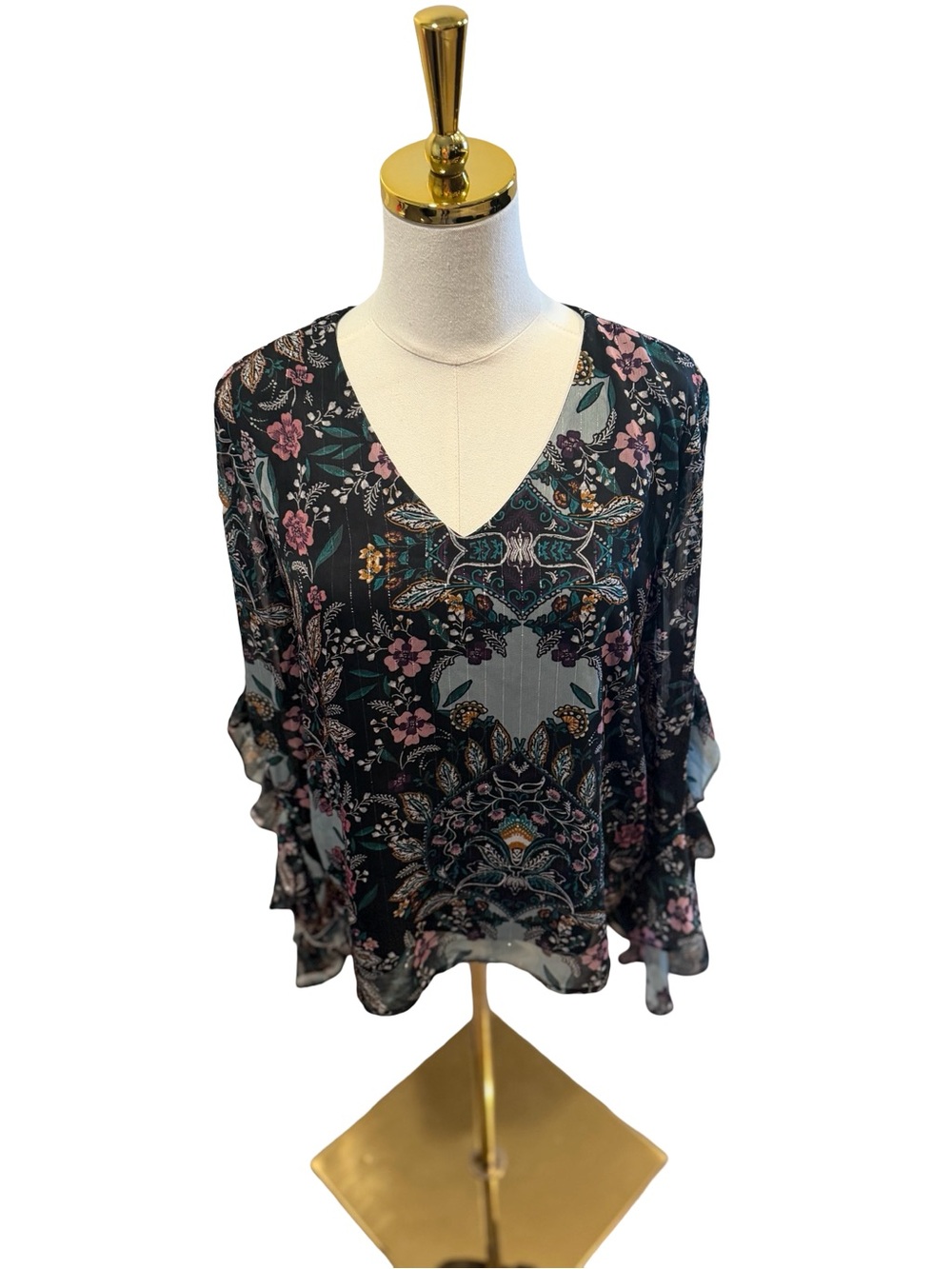 Vintage Iz Byer Black Floral V-Neck Ruffle Sleeve Blouse